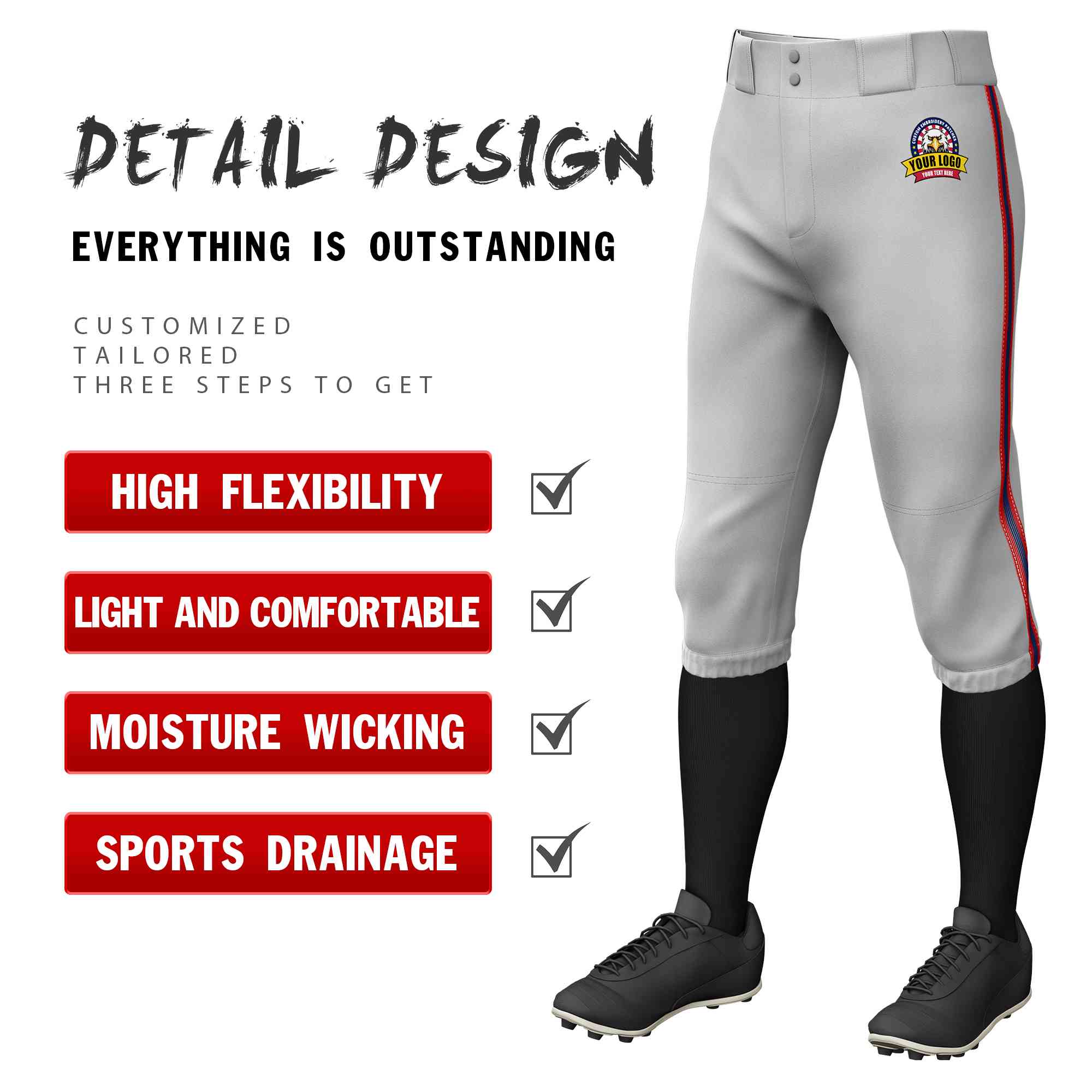 Custom Gray Red Navy-Red Classic Fit Stretch Practice Knickers Baseball Pants