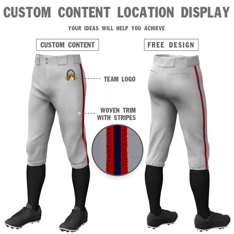 Custom Gray Red Navy-Red Classic Fit Stretch Practice Knickers Baseball Pants
