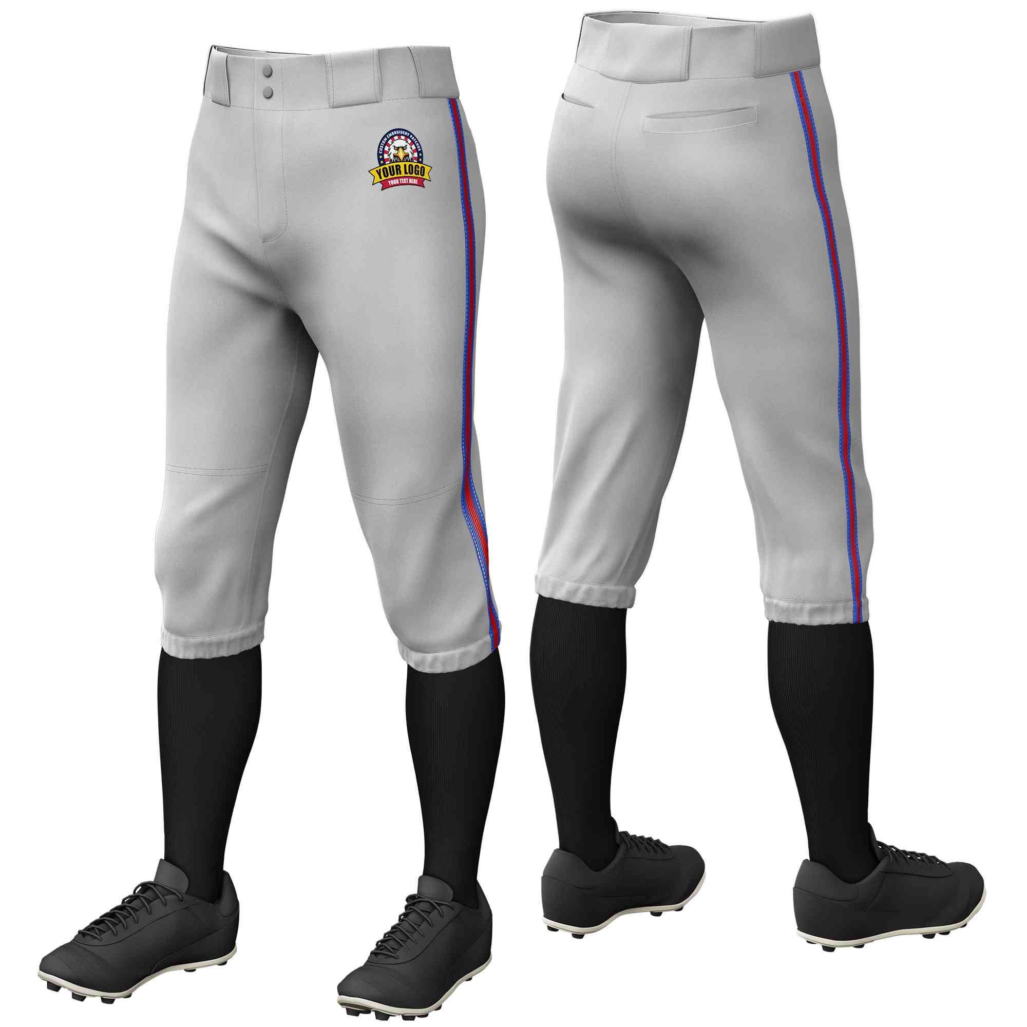 Pantalon de baseball personnalisé gris royal rouge-royal, coupe classique, culotte d'entraînement extensible