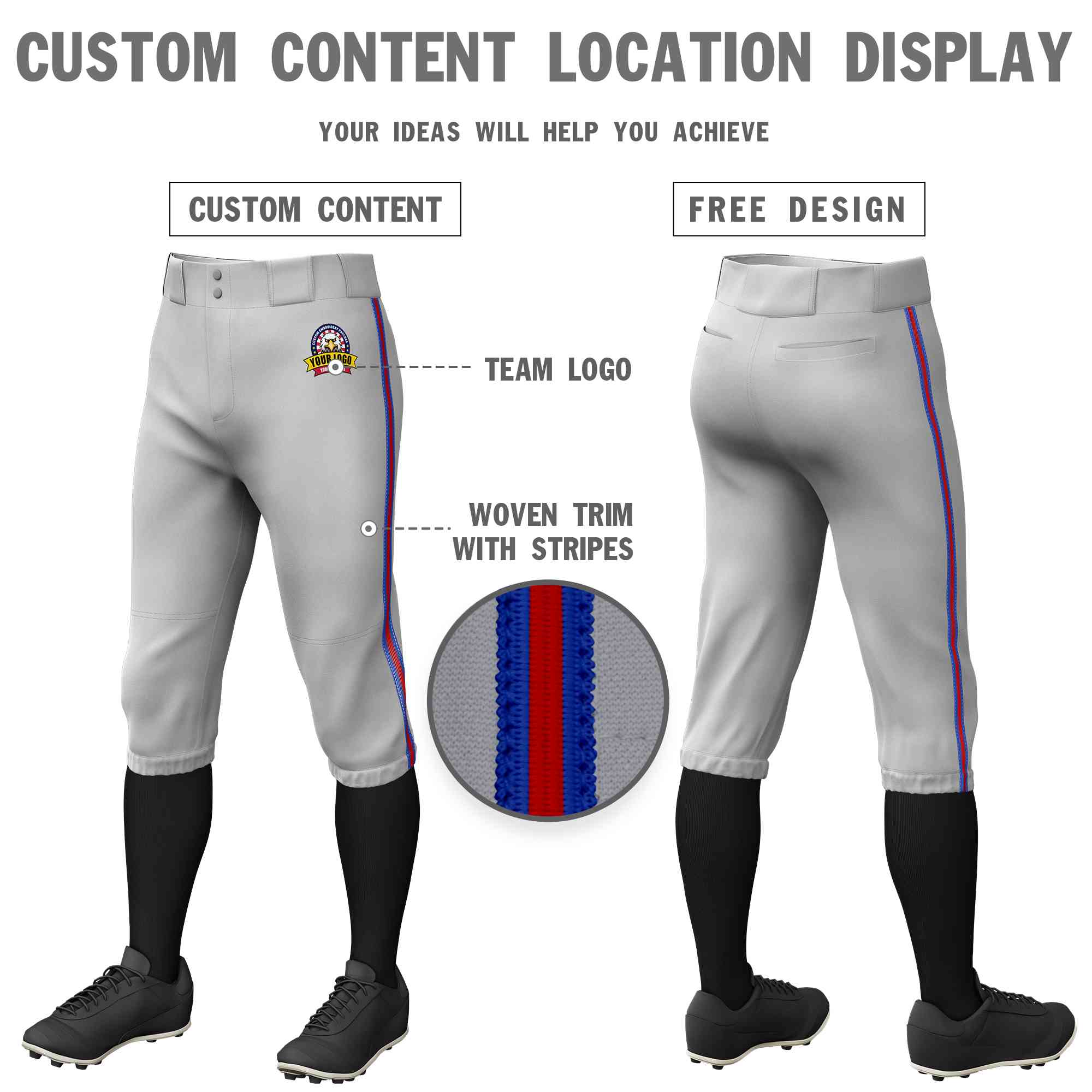 Custom Gray Royal Red-Royal Classic Fit Stretch Practice Knickers Baseball Pants