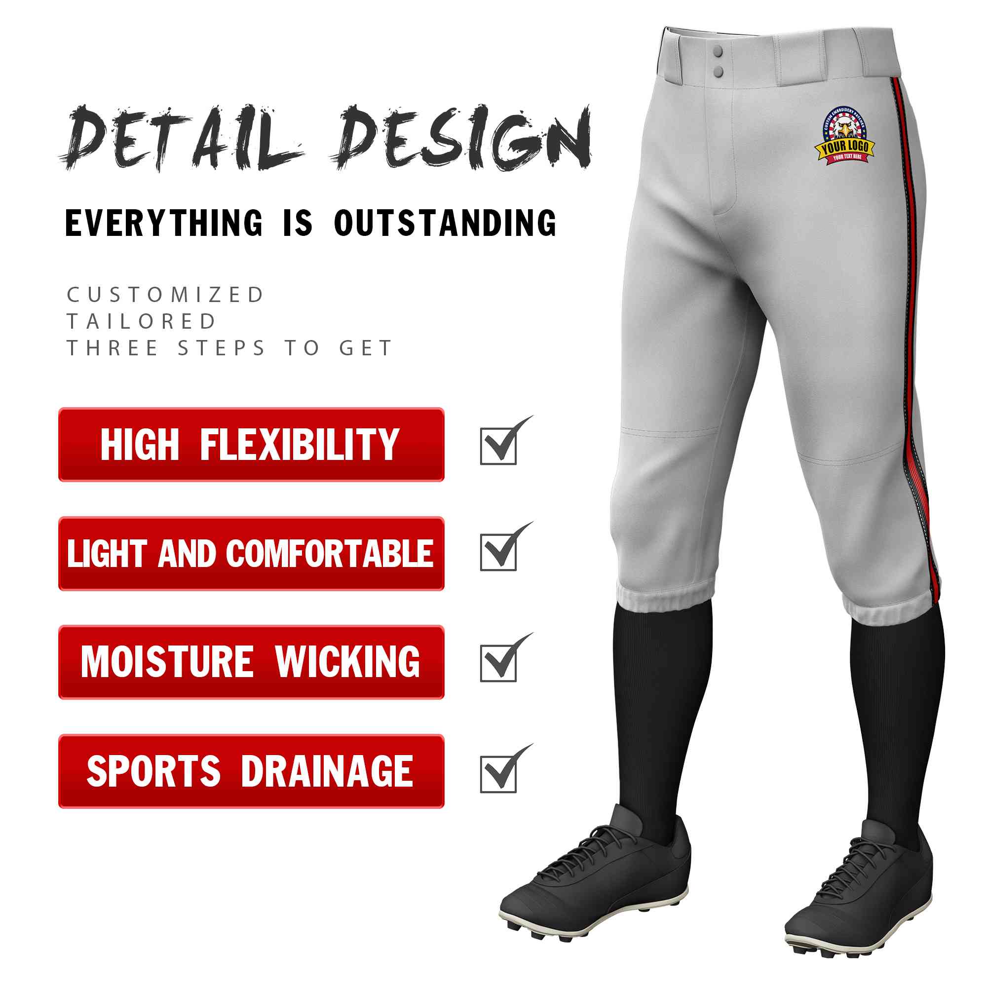 Custom Gray Black Red-Black Classic Fit Stretch Practice Knickers Baseball Pants