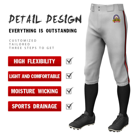 Custom Gray Black Red-Black Classic Fit Stretch Practice Knickers Baseball Pants