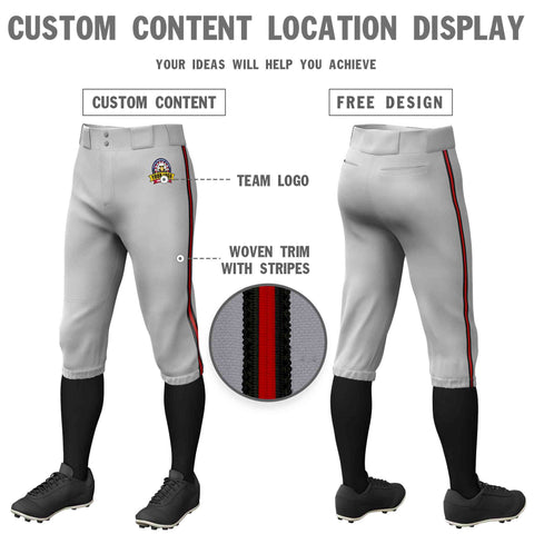 Custom Gray Black Red-Black Classic Fit Stretch Practice Knickers Baseball Pants