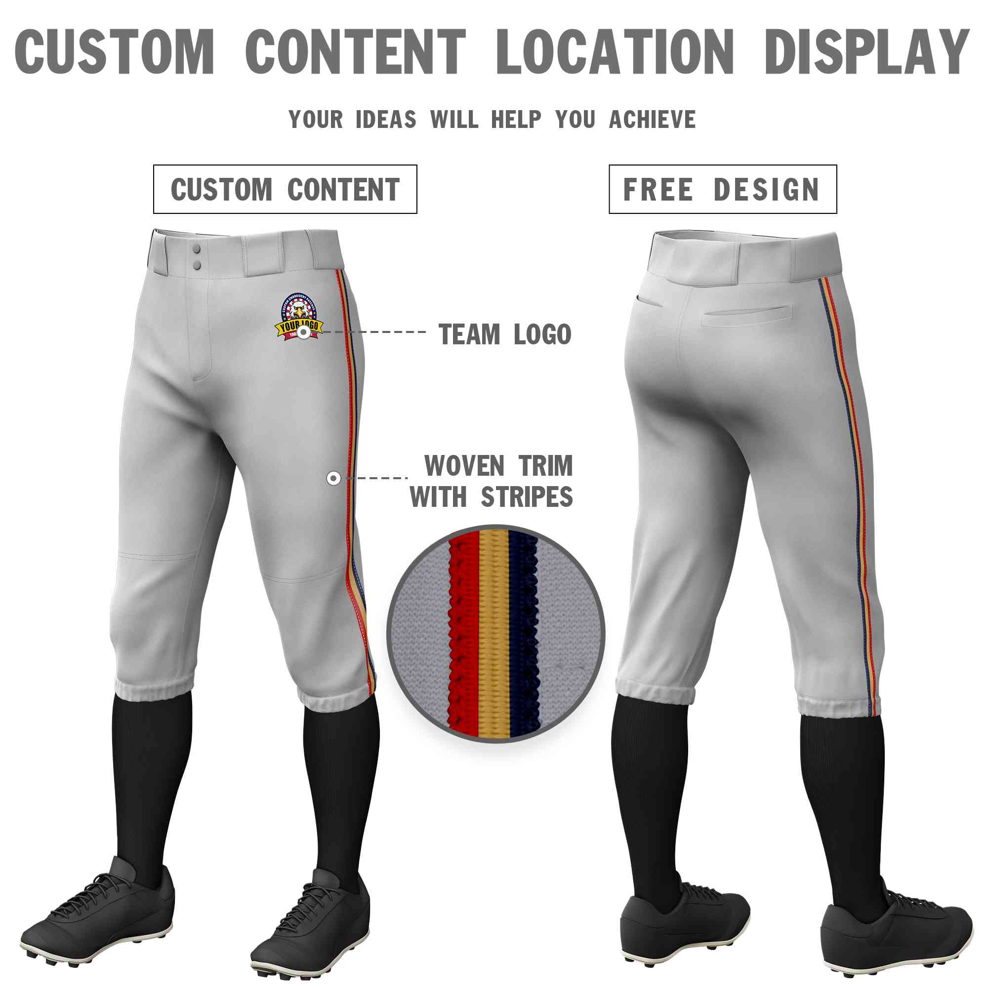 Custom Gray Navy Old Gold-Red Classic Fit Stretch Practice Knickers Baseball Pants