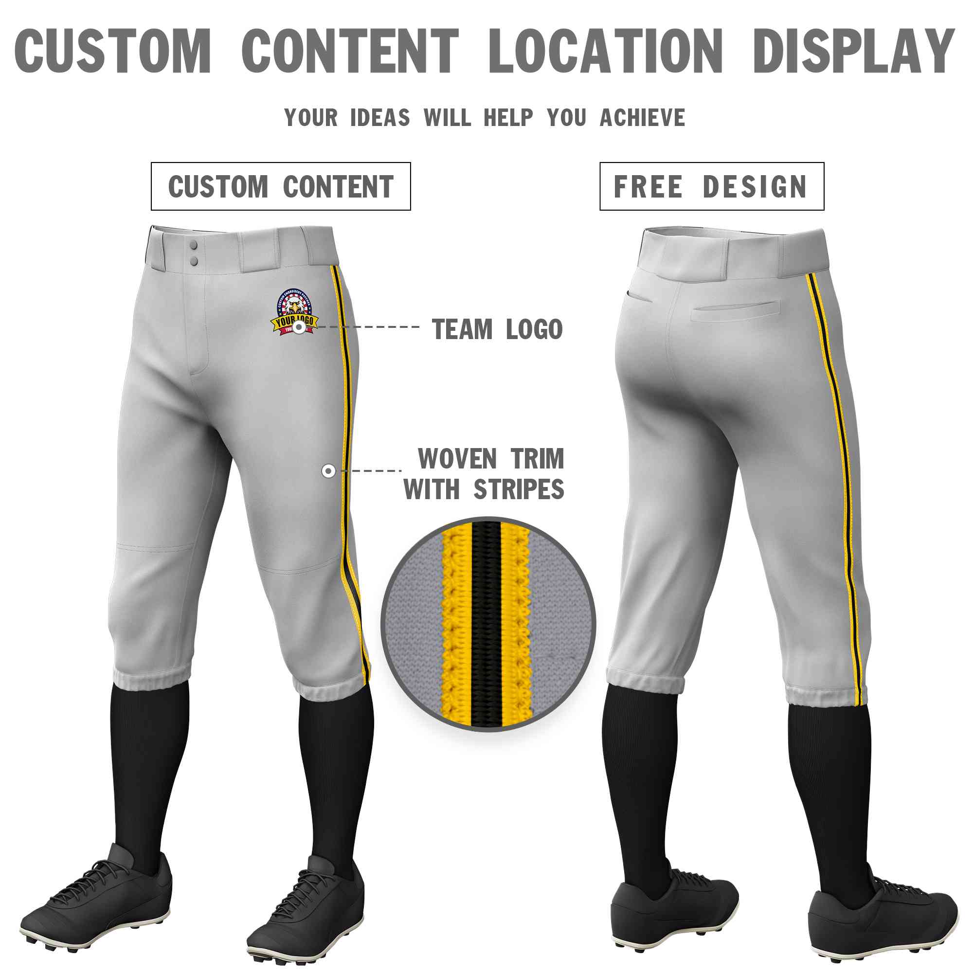 Custom Gray Gold Black-Gold Classic Fit Stretch Practice Knickers Baseball Pants