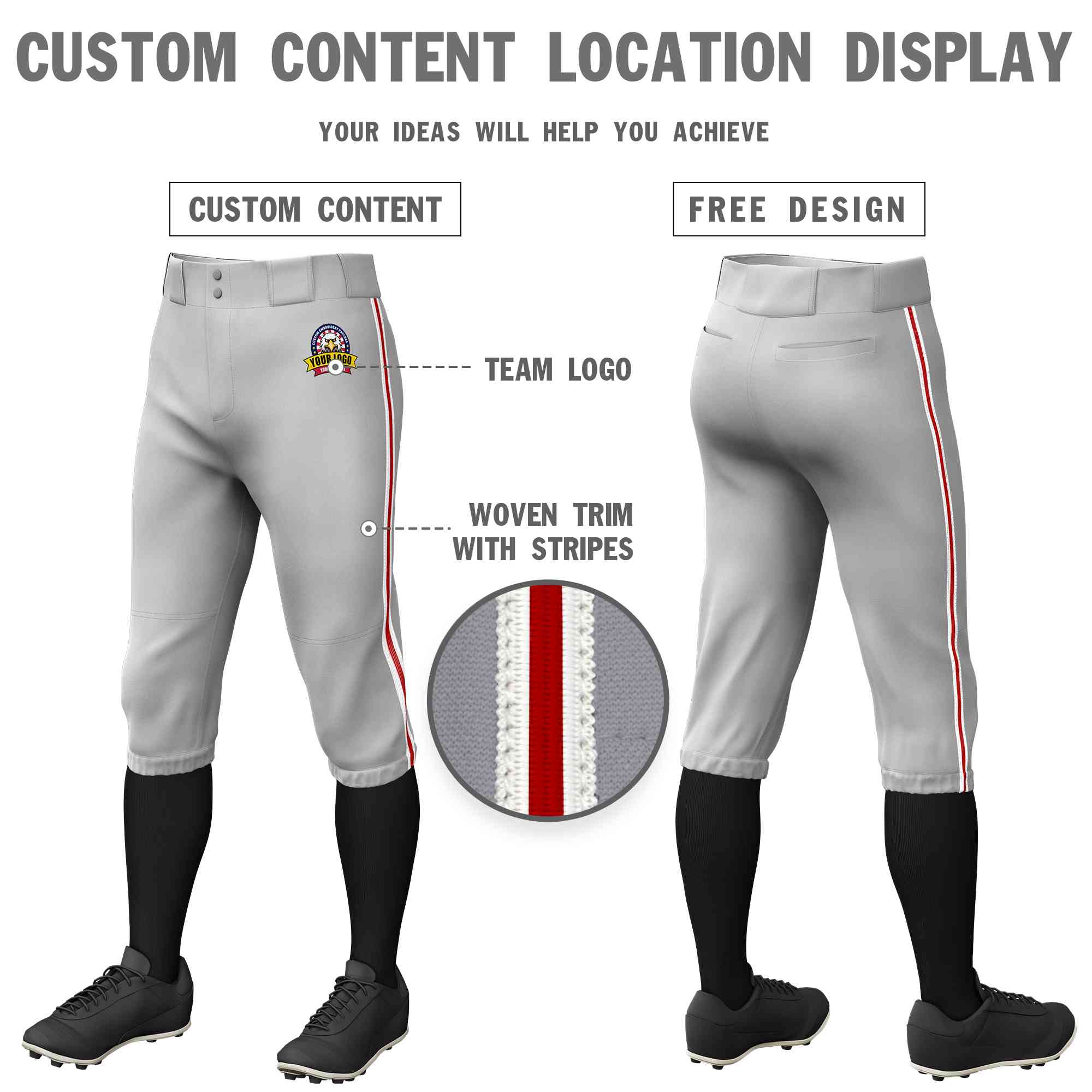 Pantalon de baseball personnalisé gris blanc rouge-blanc, culotte d'entraînement extensible, coupe classique