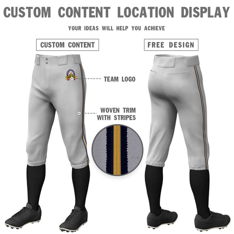 Custom Gray Navy Old Gold-Navy Classic Fit Stretch Practice Knickers Baseball Pants