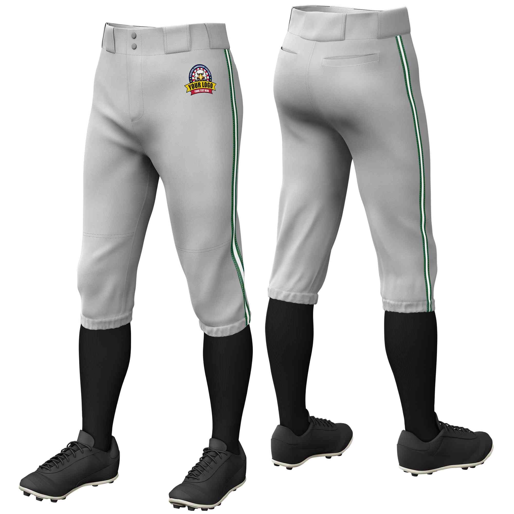 Custom Gray Green White-Green Classic Fit Stretch Practice Knickers Baseball Pants