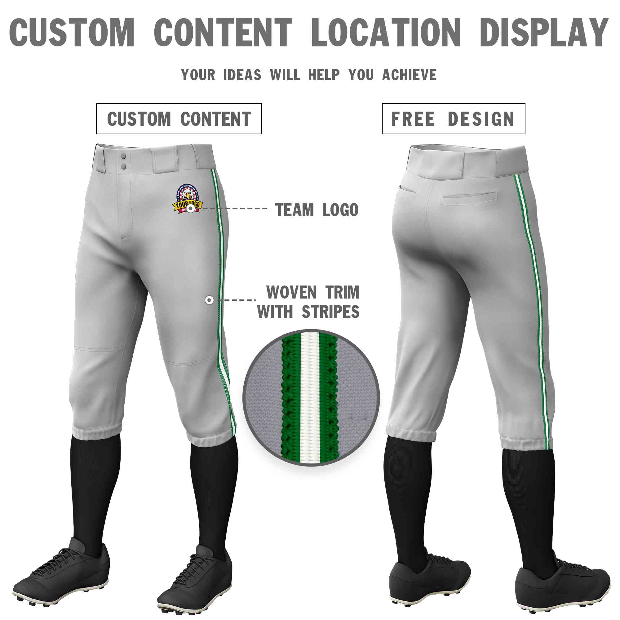 Pantalon de baseball personnalisé gris Kelly vert blanc-Kelly vert, coupe classique, culotte d'entraînement extensible