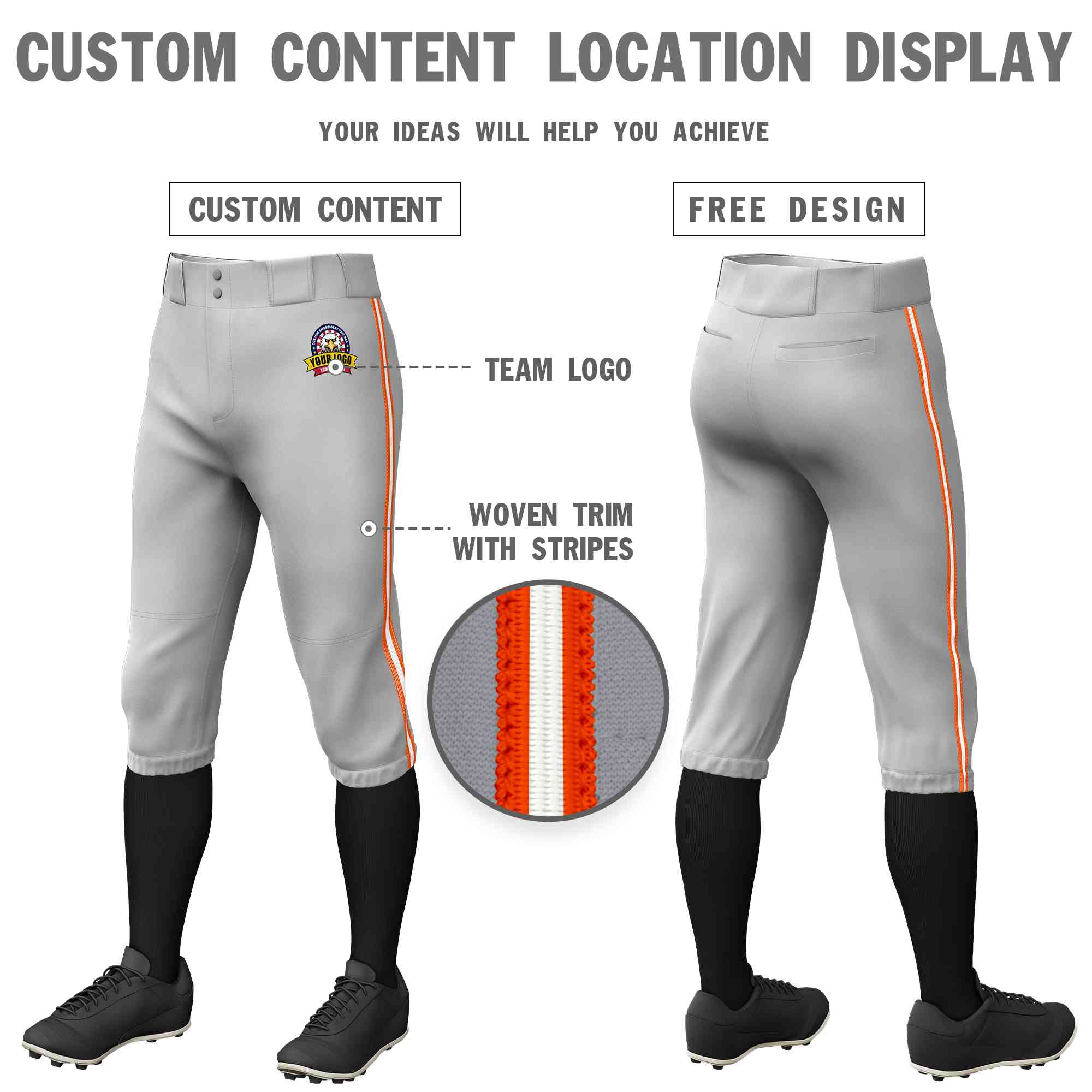 Custom Gray Orange White-Orange Classic Fit Stretch Practice Knickers Baseball Pants