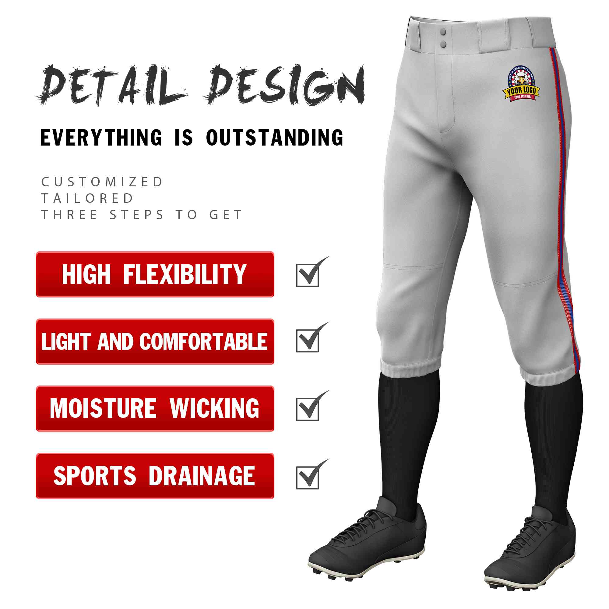 Pantalon de baseball personnalisé gris rouge royal-rouge, culotte d'entraînement extensible, coupe classique