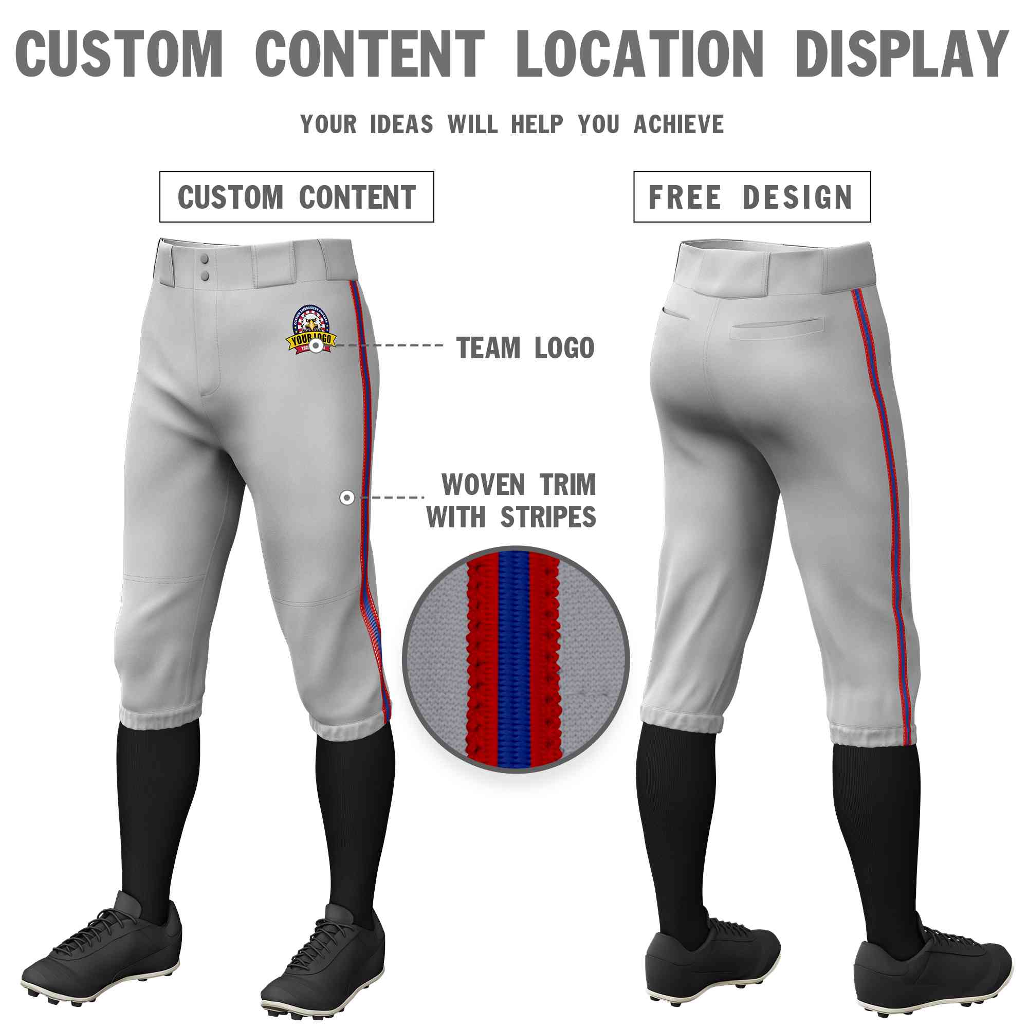 Custom Gray Red Royal-Red Classic Fit Stretch Practice Knickers Baseball Pants