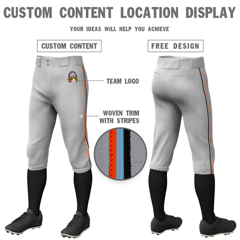 Custom Gray Orange Light Blue-Black Classic Fit Stretch Practice Knickers Baseball Pants