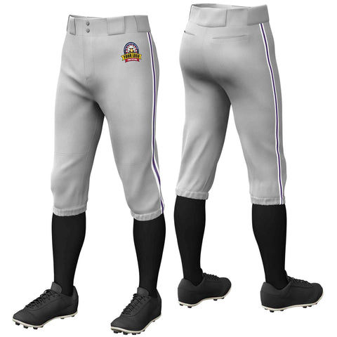 Custom Gray White Purple-White Classic Fit Stretch Practice Knickers Baseball Pants