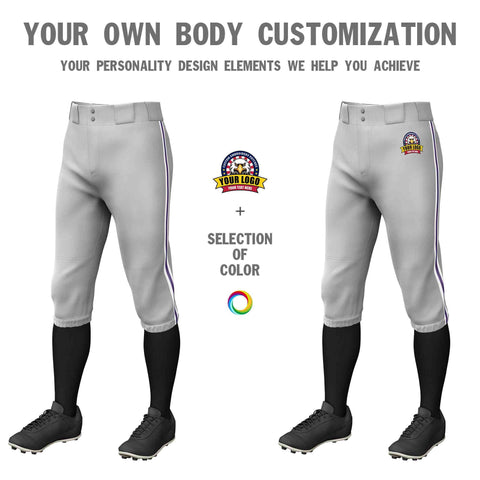 Custom Gray White Purple-White Classic Fit Stretch Practice Knickers Baseball Pants