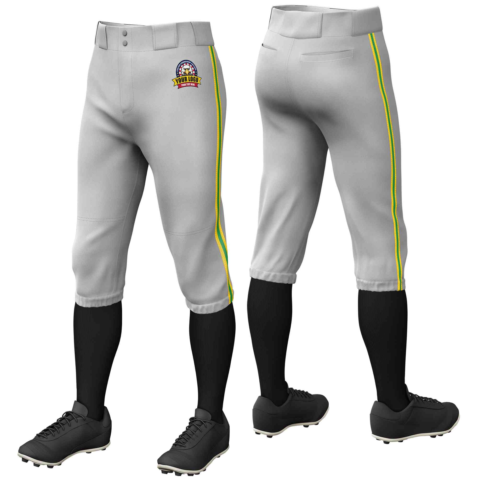 Custom Gray Gold Kelly Green-Gold Classic Fit Stretch Practice Knickers Baseball Pants