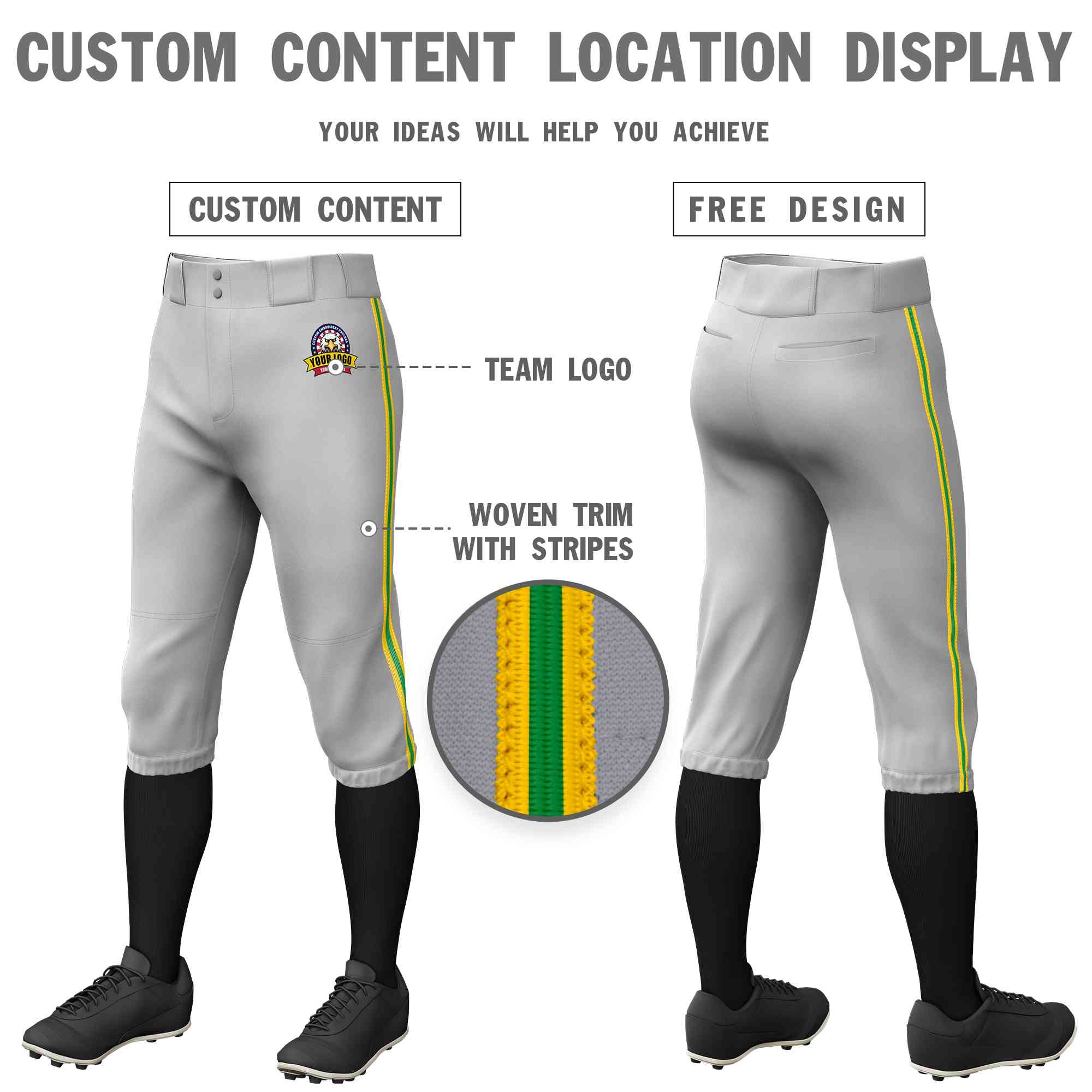 Pantalon de baseball personnalisé gris or Kelly vert-or, coupe classique, culotte d'entraînement extensible