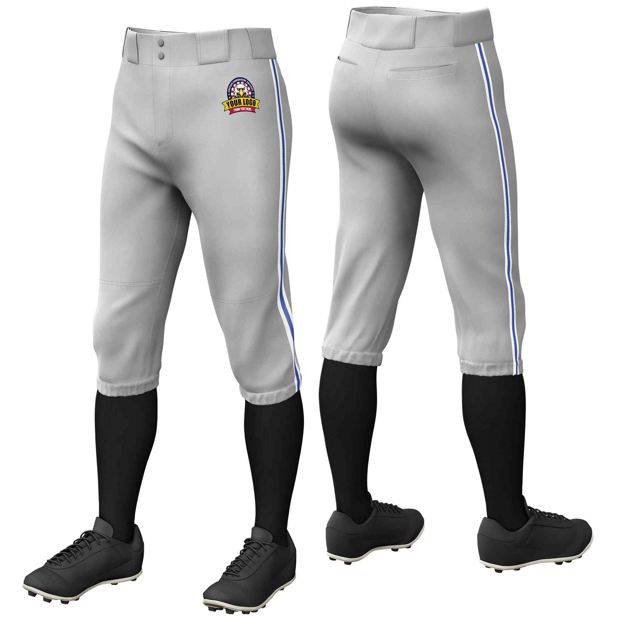 Pantalon de baseball personnalisé gris blanc royal-blanc, culotte d'entraînement extensible, coupe classique