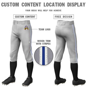 Custom Gray White Royal-White Classic Fit Stretch Practice Knickers Baseball Pants