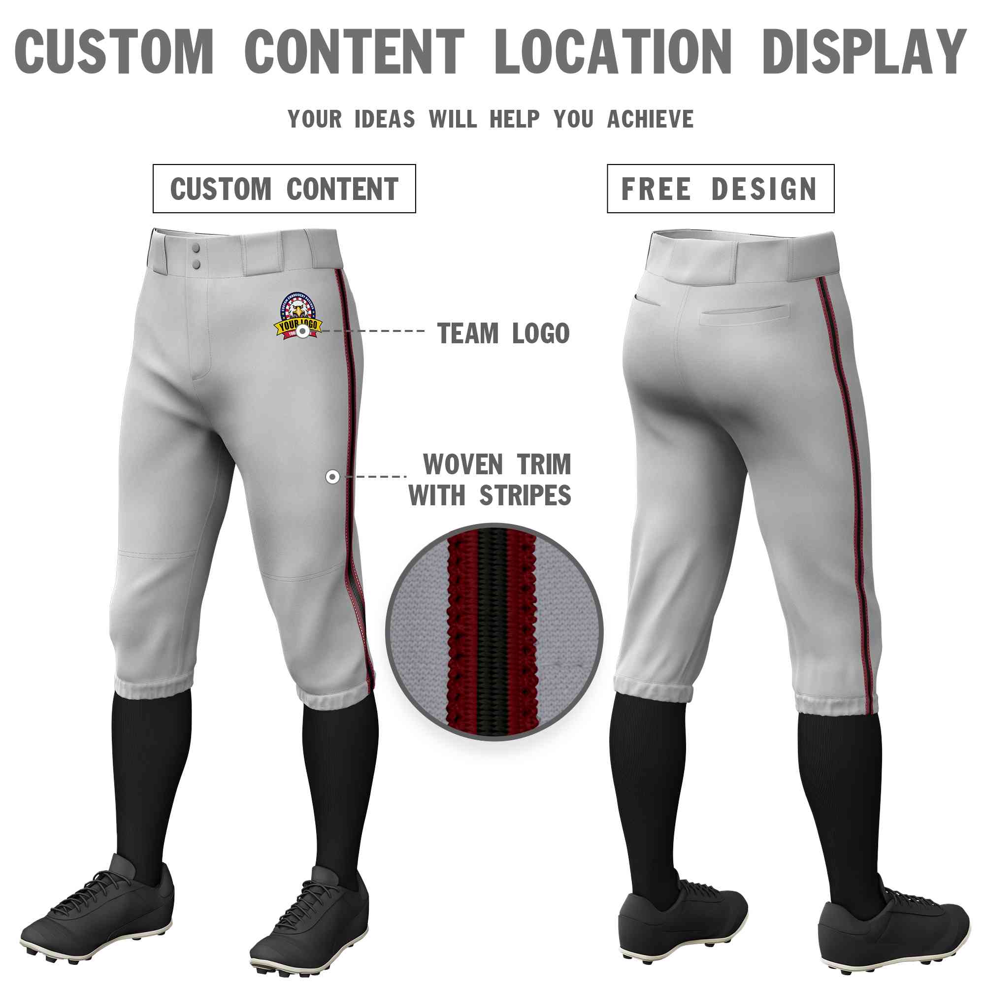 Custom Gray Crimson Black-Crimson Classic Fit Stretch Practice Knickers Baseball Pants