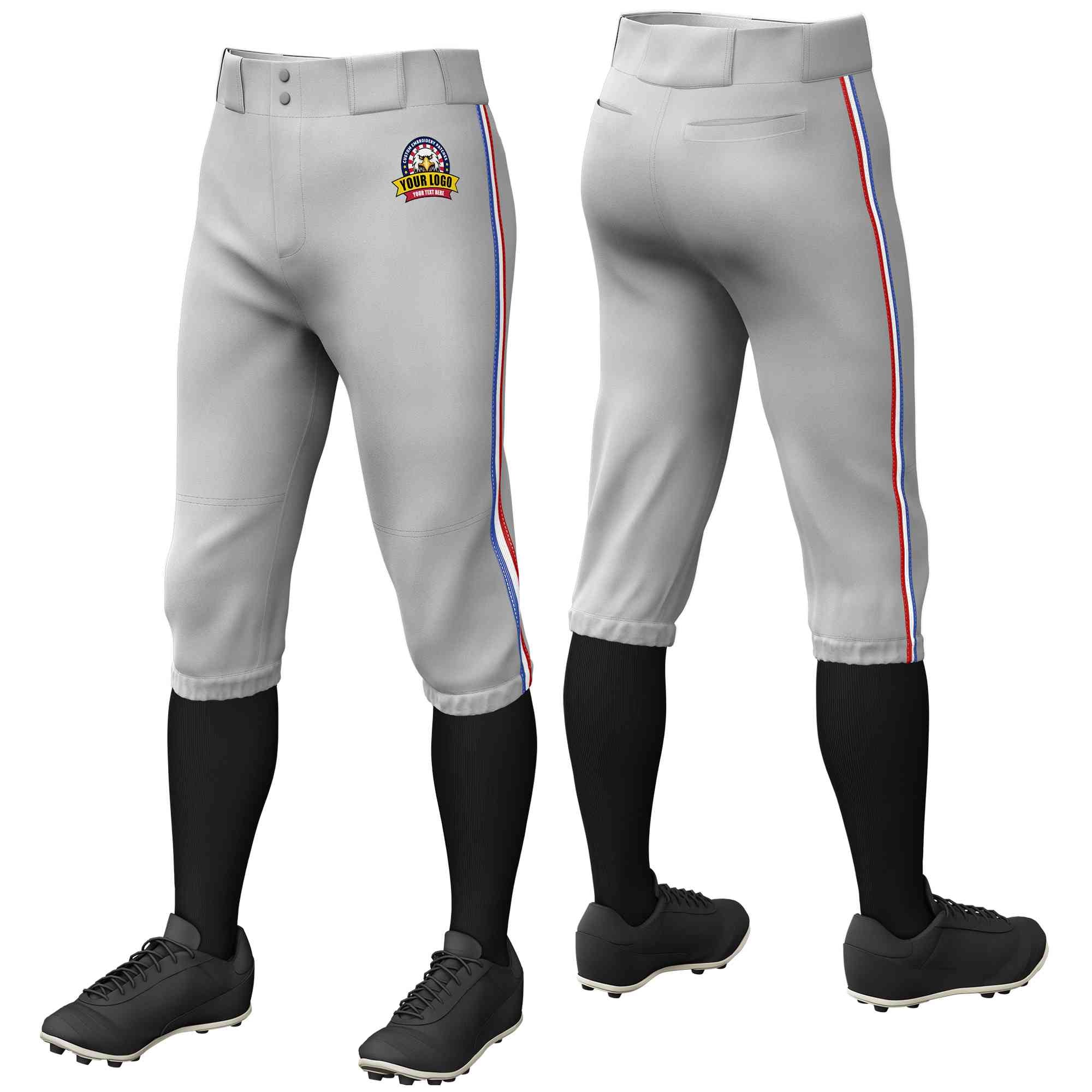 Pantalon de baseball personnalisé gris royal blanc-rouge, coupe classique, culotte d'entraînement extensible