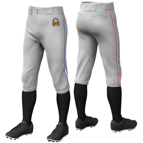 Custom Gray Royal White-Red Classic Fit Stretch Practice Knickers Baseball Pants