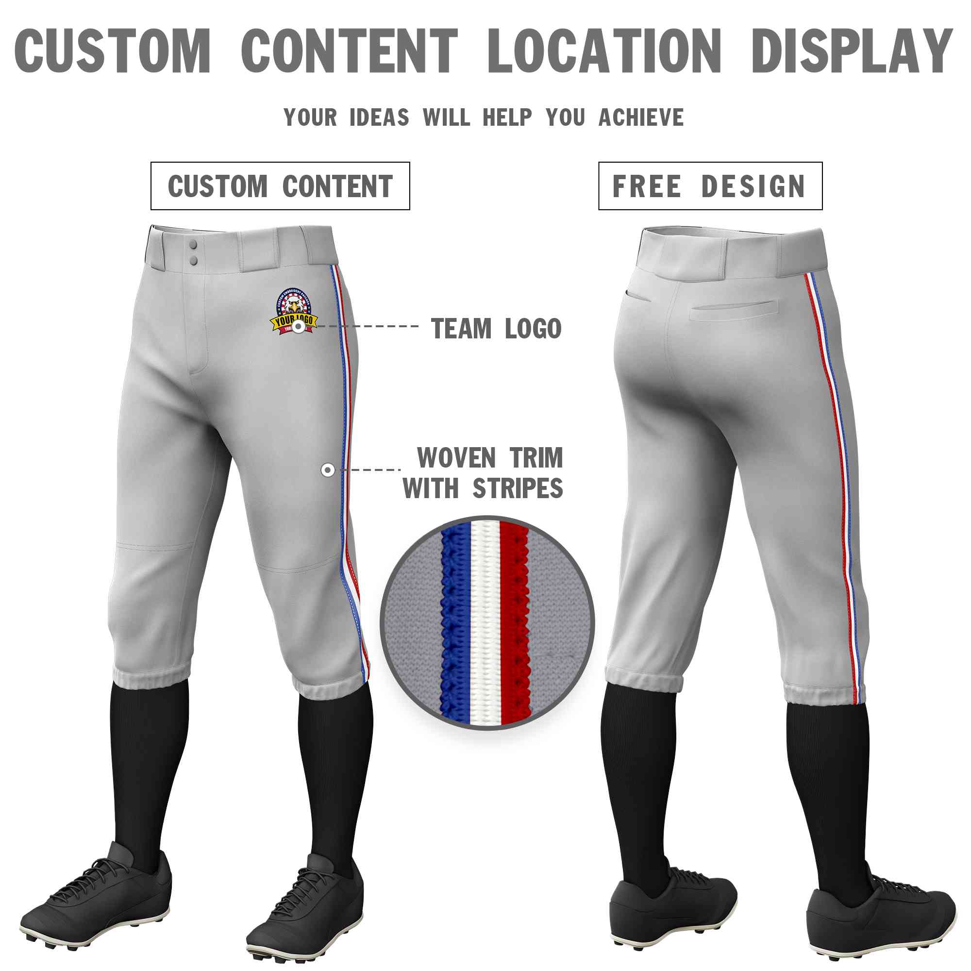 Custom Gray Royal White-Red Classic Fit Stretch Practice Knickers Baseball Pants