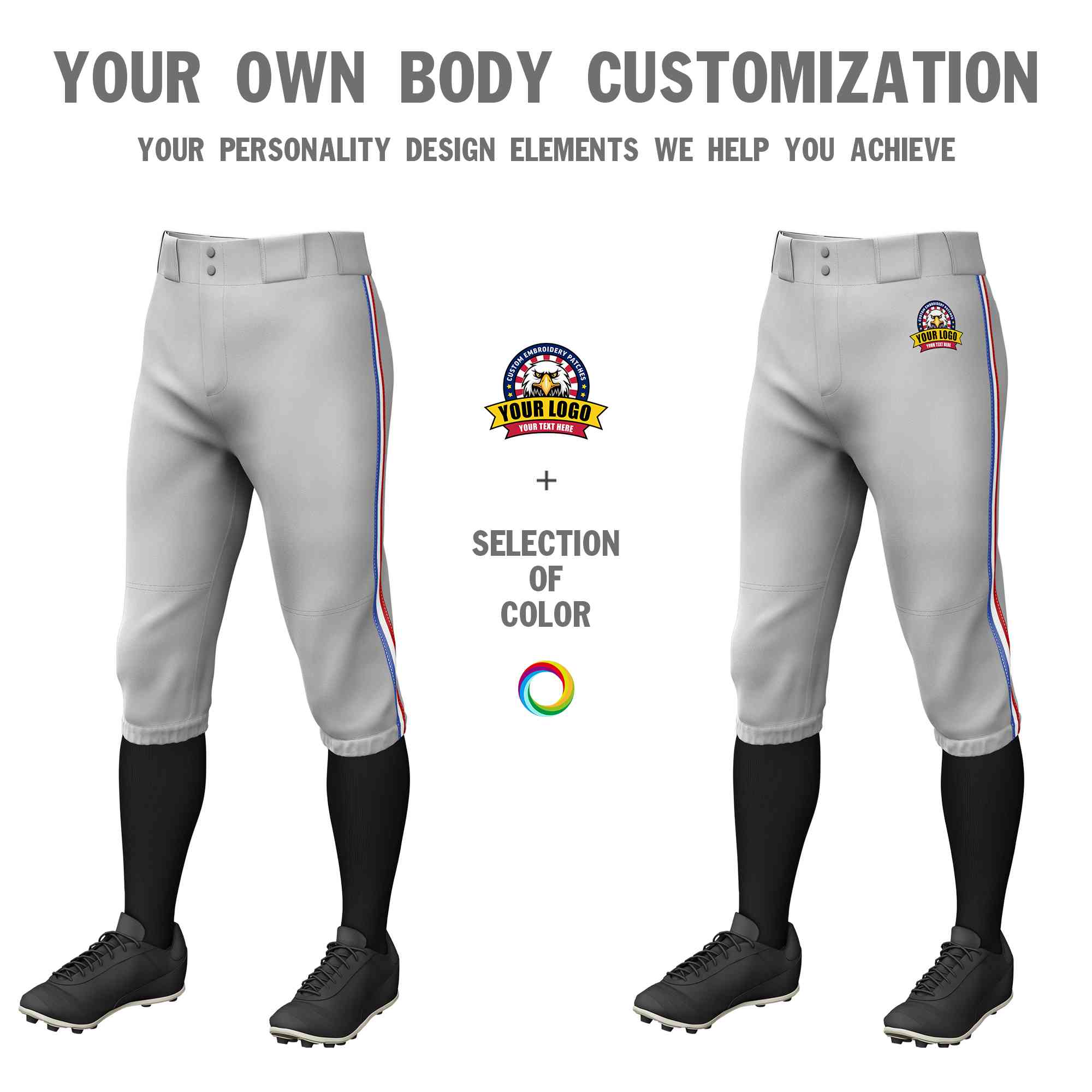 Custom Gray Royal White-Red Classic Fit Stretch Practice Knickers Baseball Pants