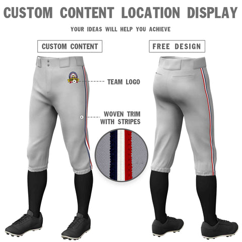 Custom Gray Navy White-Red Classic Fit Stretch Practice Knickers Baseball Pants