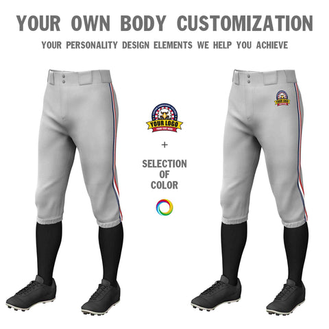Custom Gray Navy White-Red Classic Fit Stretch Practice Knickers Baseball Pants