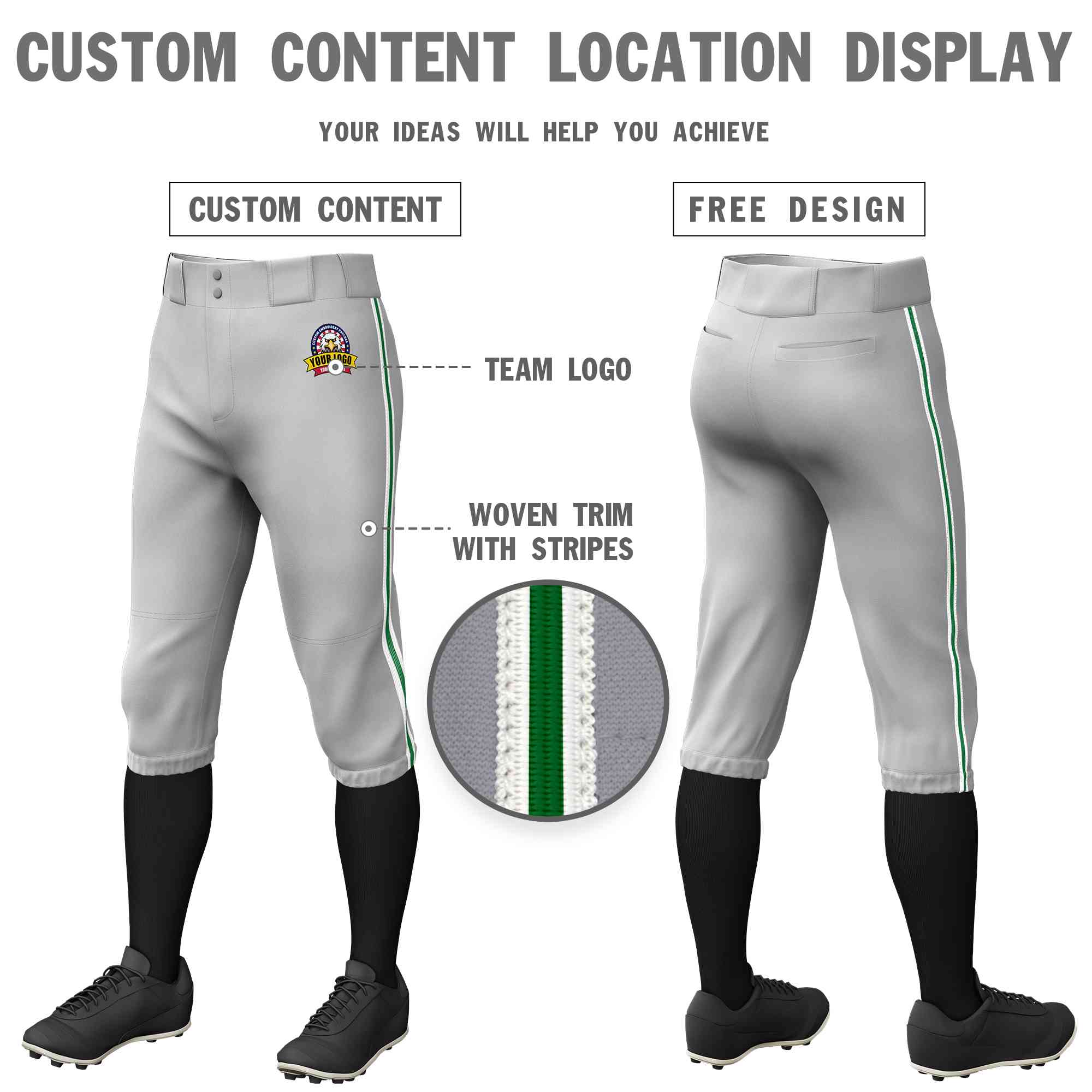 Custom Gray White Kelly Green-White Classic Fit Stretch Practice Knickers Baseball Pants