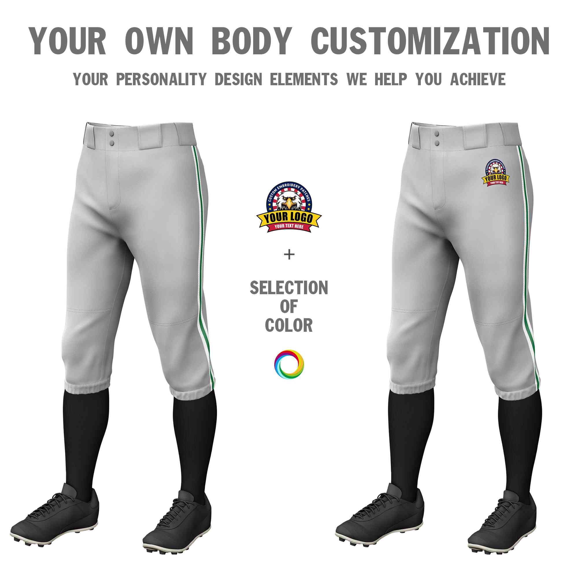 Pantalon de baseball personnalisé gris blanc Kelly vert-blanc, coupe classique, culotte d'entraînement extensible