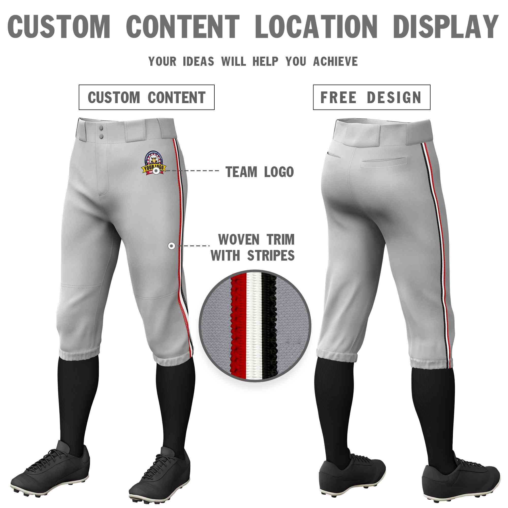 Custom Gray Red White-Black Classic Fit Stretch Practice Knickers Baseball Pants