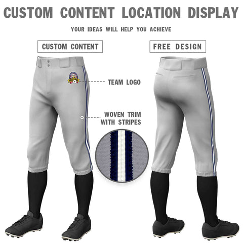 Custom Gray Navy White-Navy Classic Fit Stretch Practice Knickers Baseball Pants