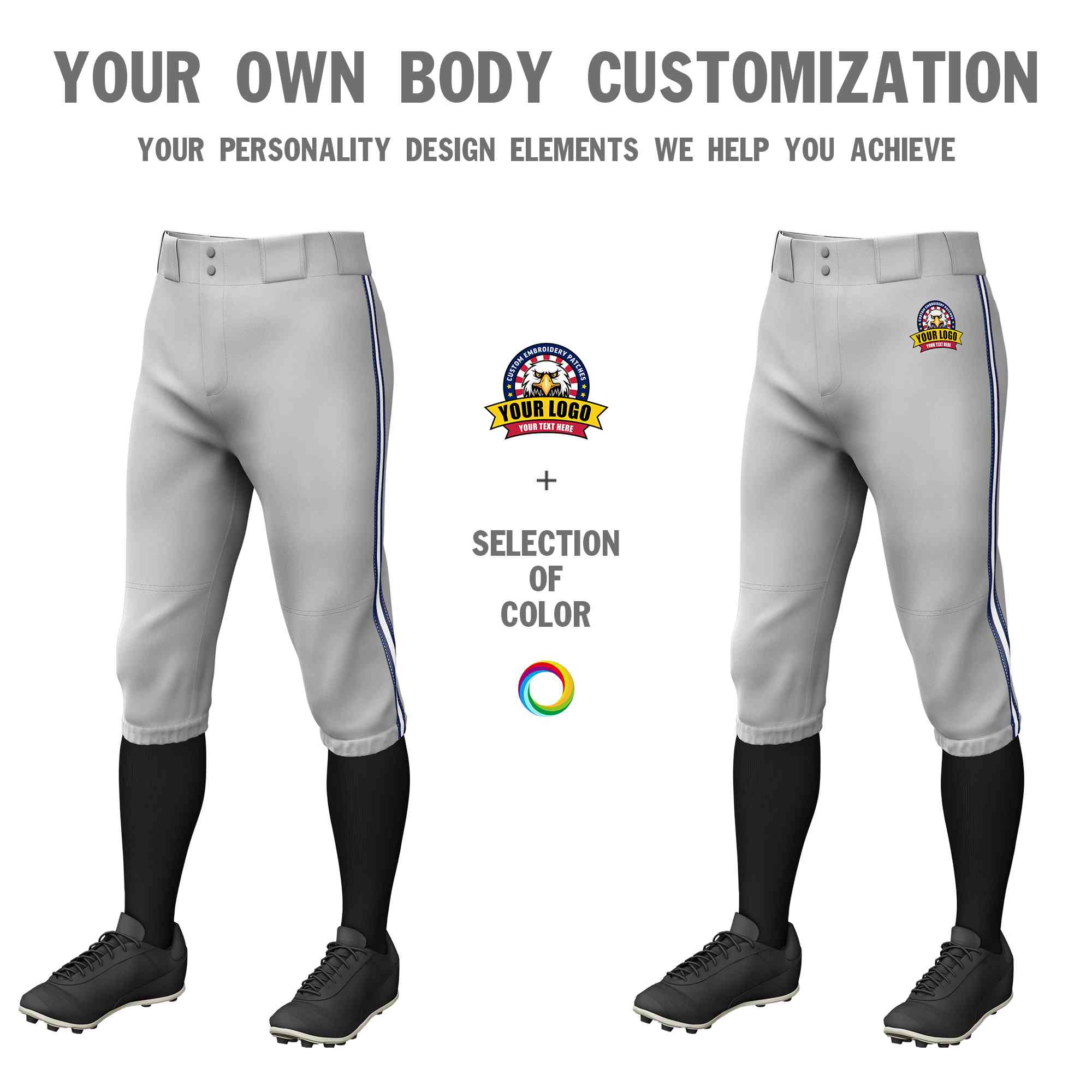 Custom Gray Navy White-Navy Classic Fit Stretch Practice Knickers Baseball Pants