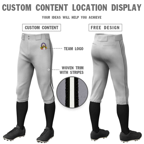 Custom Gray Black White-Black Classic Fit Stretch Practice Knickers Baseball Pants