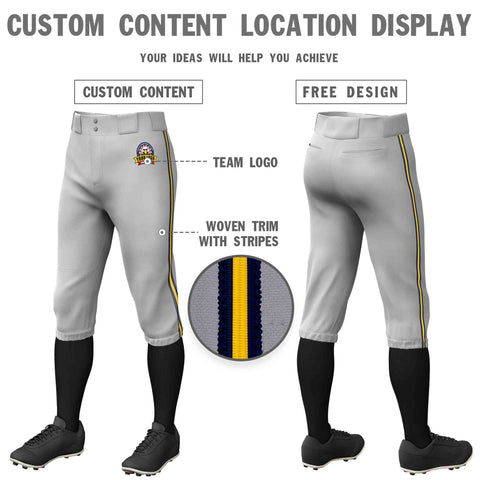 Custom Gray Navy Gold-Navy Classic Fit Stretch Practice Knickers Baseball Pants