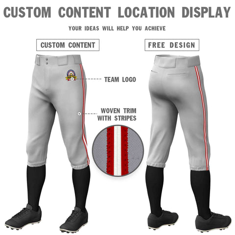 Custom Gray Red White-Red Classic Fit Stretch Practice Knickers Baseball Pants