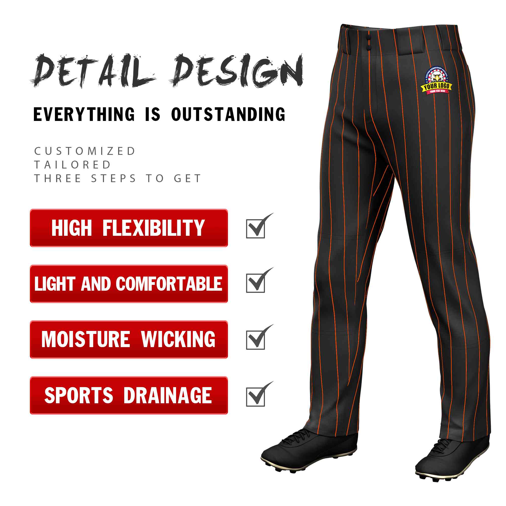 Custom Black Orange Pinstripe Fit Stretch Practice Loose-fit Baseball Pants