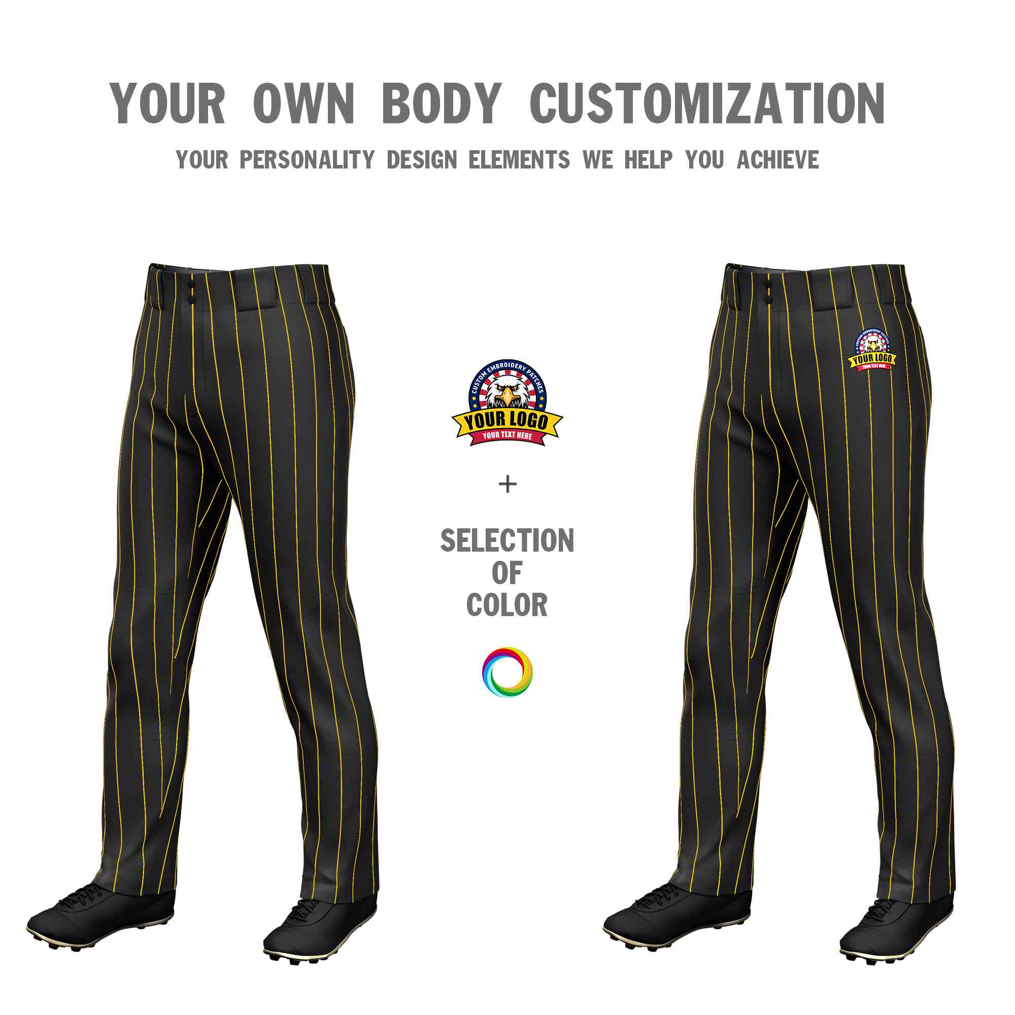 Custom Black Gold Pinstripe Fit Stretch Practice Loose-fit Baseball Pants