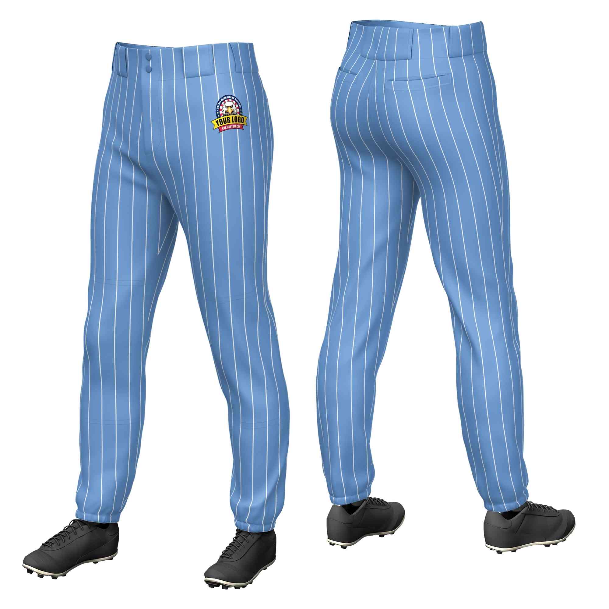 Custom Light Blue White Pinstripe Fit Stretch Practice Pull-up Baseball Pants