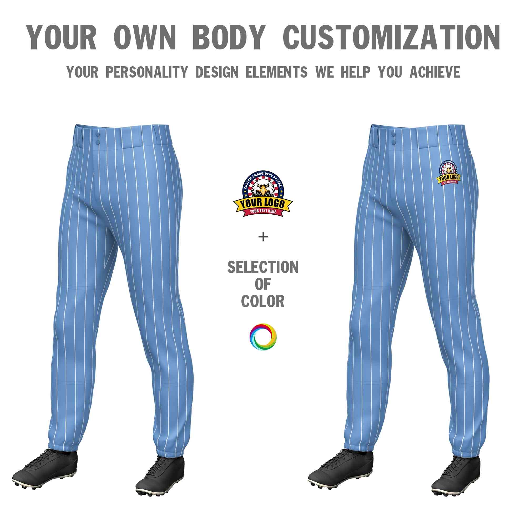 Custom Light Blue White Pinstripe Fit Stretch Practice Pull-up Baseball Pants