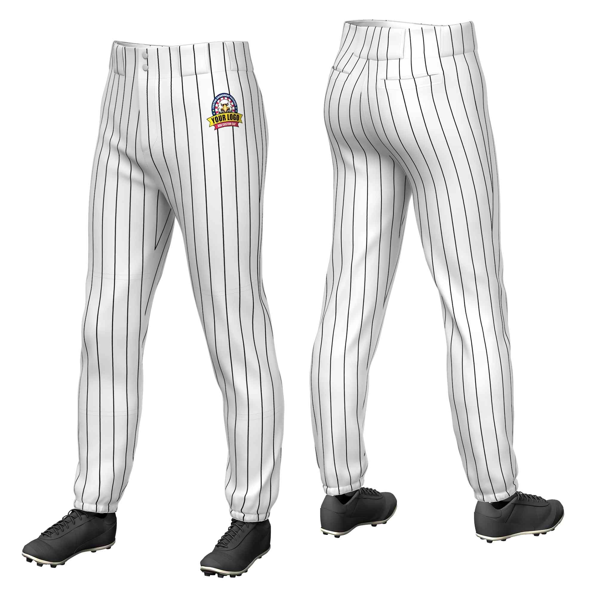 Custom White Black Pinstripe Fit Stretch Practice Pull-up Baseball Pants