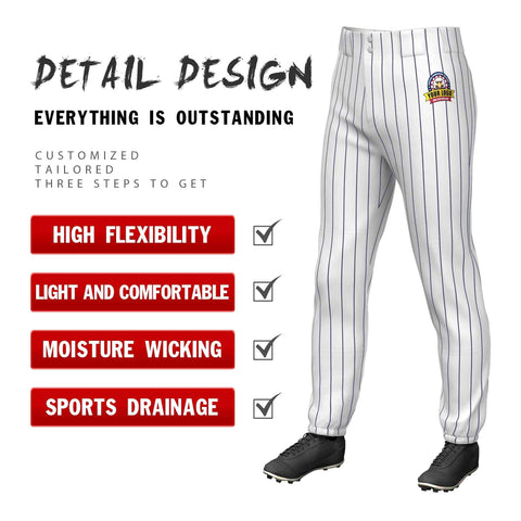 Custom White Navy Pinstripe Fit Stretch Practice Pull-up Baseball Pants