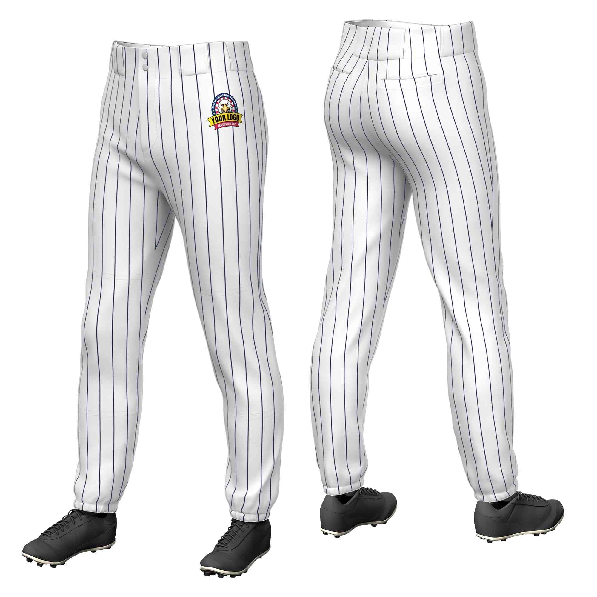 Custom White Navy Pinstripe Fit Stretch Practice Pull-up Baseball Pants