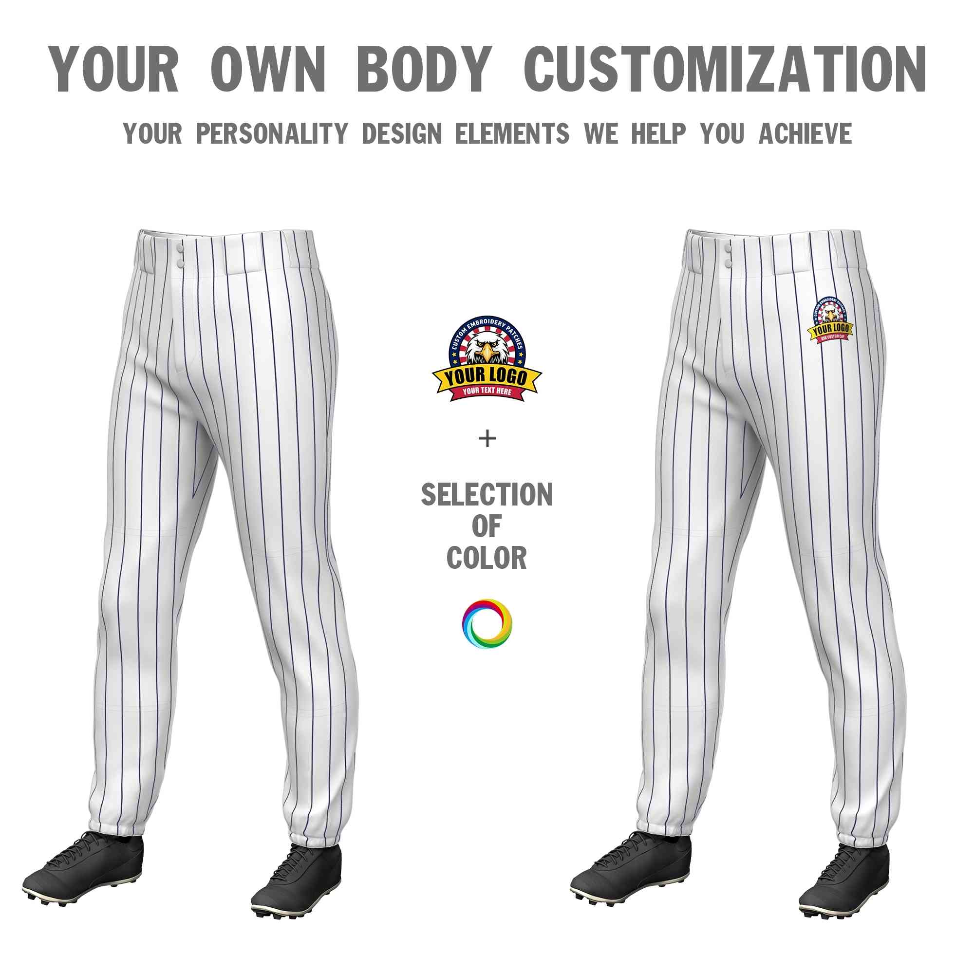 Custom White Navy Pinstripe Fit Stretch Practice Pull-up Baseball Pants