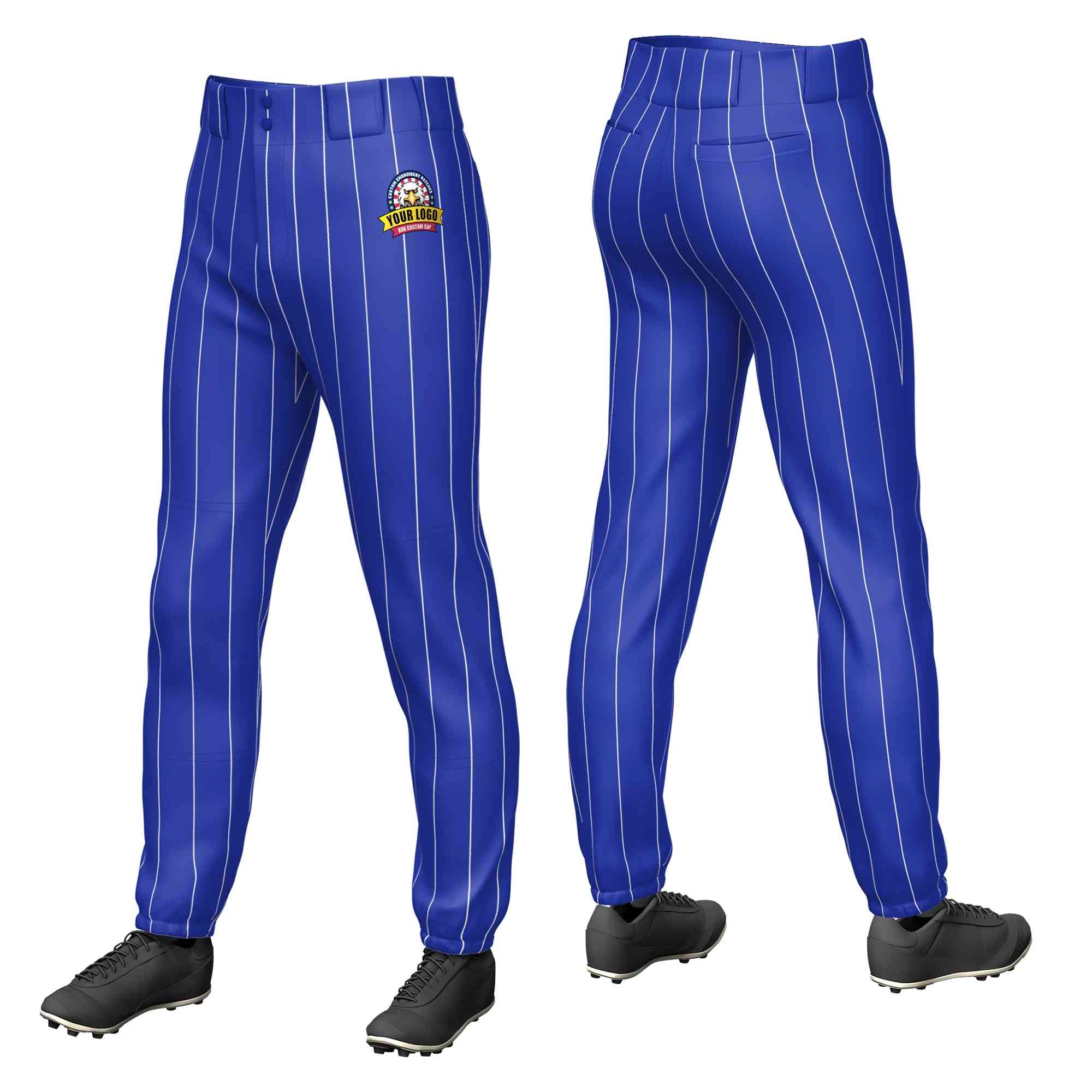 Custom Royal White Pinstripe Fit Stretch Practice Pull-up Baseball Pants