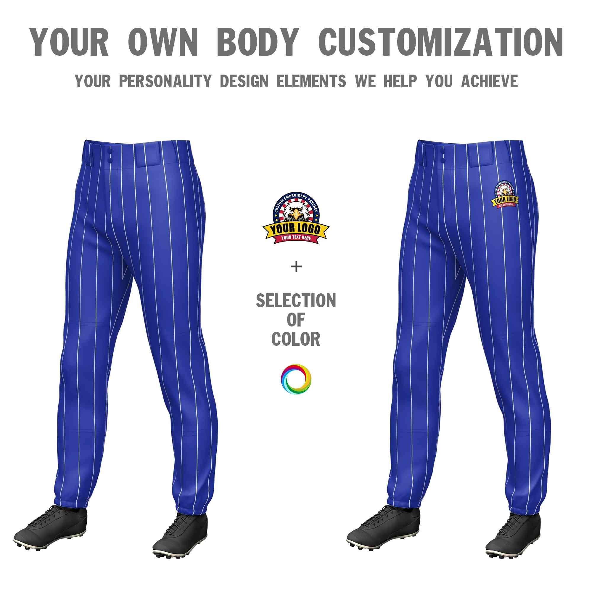 Custom Royal White Pinstripe Fit Stretch Practice Pull-up Baseball Pants