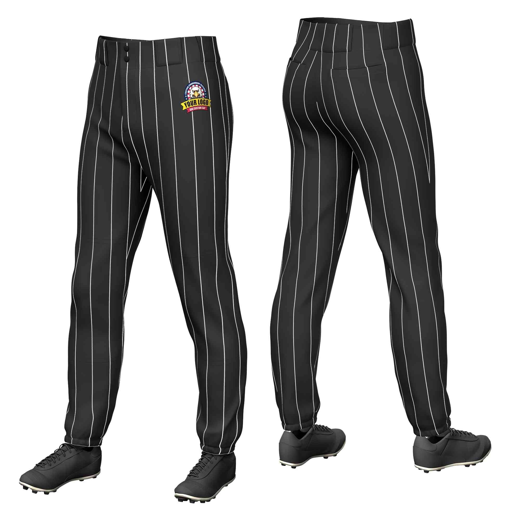 Custom Black White Pinstripe Fit Stretch Practice Pull-up Baseball Pants