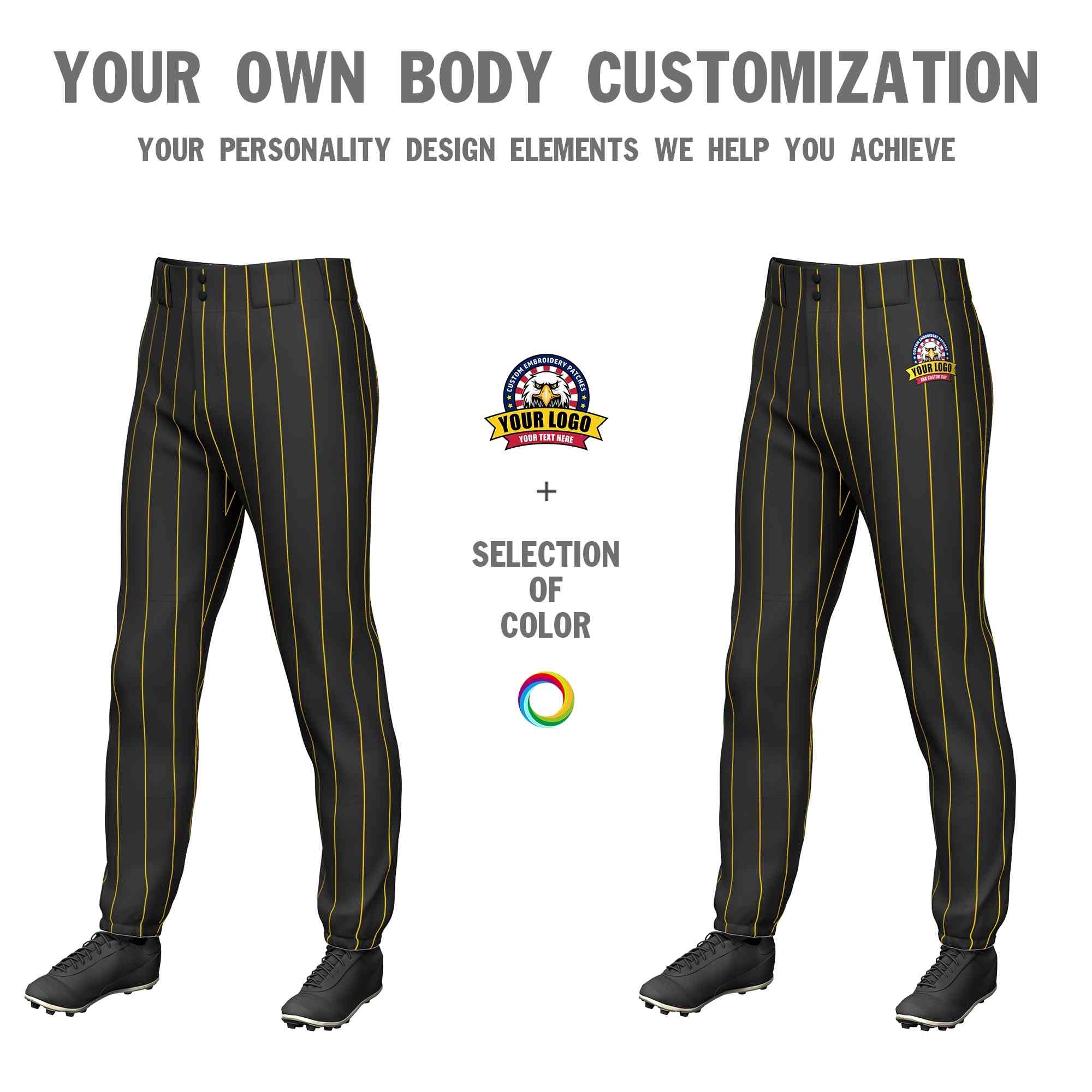 Custom Black Gold Pinstripe Fit Stretch Practice Pull-up Baseball Pants